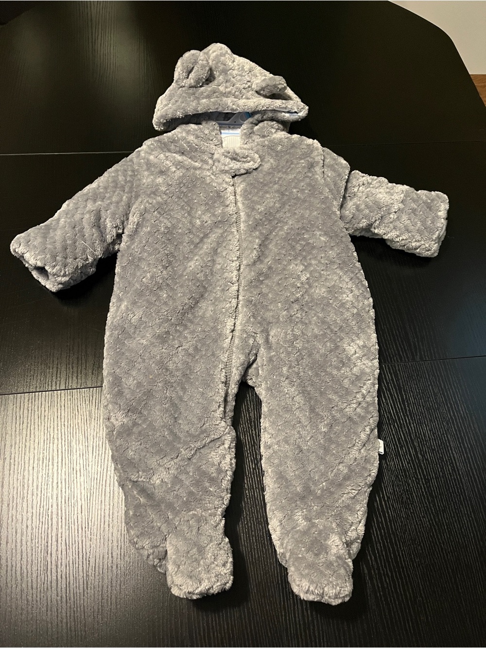 Gray Plush Baby One-Piece Hooded Snowsuit